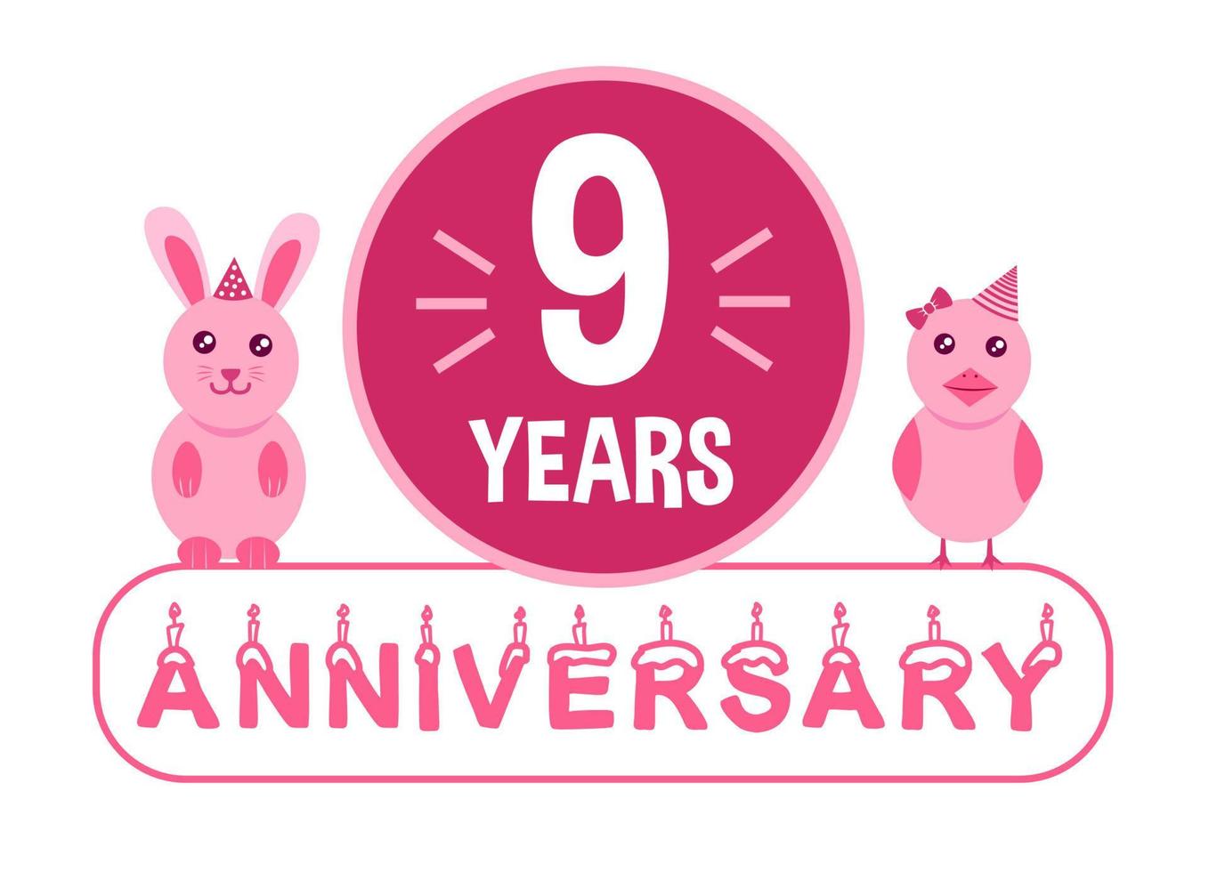 9e verjaardag. negen jaren verjaardag viering banier met roze dieren thema voor kinderen. vector
