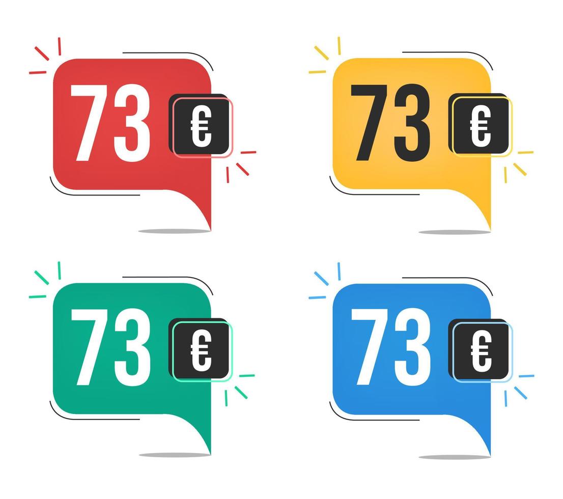 73 euro prijs. geel, rood, blauw en groen valuta tags met toespraak ballon concept. vector