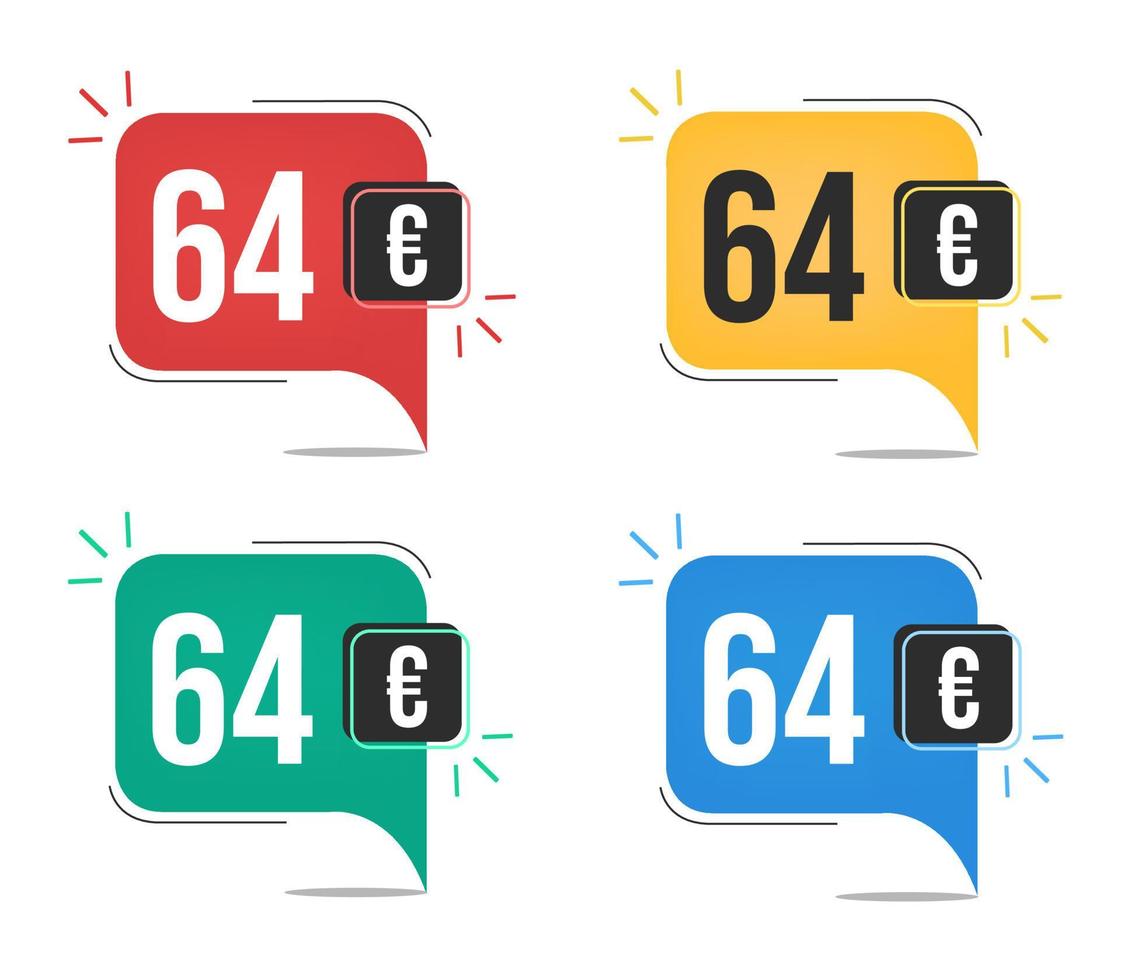64 euro prijs. geel, rood, blauw en groen valuta tags met toespraak ballon concept. vector