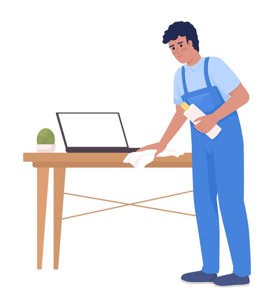 mannetje huishoudster afvegen hout tafel met laptop semi vlak kleur vector karakter. bewerkbare figuur. vol lichaam persoon Aan wit. gemakkelijk tekenfilm stijl illustratie voor web grafisch ontwerp en animatie