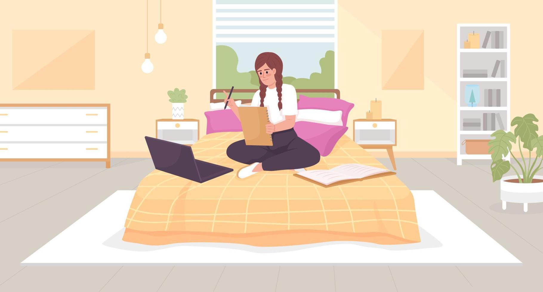 aan het studeren Bij huis vlak kleur vector illustratie. online school. gelukkig meisje aan het doen papier opdracht met laptop in bed. ten volle bewerkbare 2d gemakkelijk tekenfilm tekens met slaapkamer Aan achtergrond