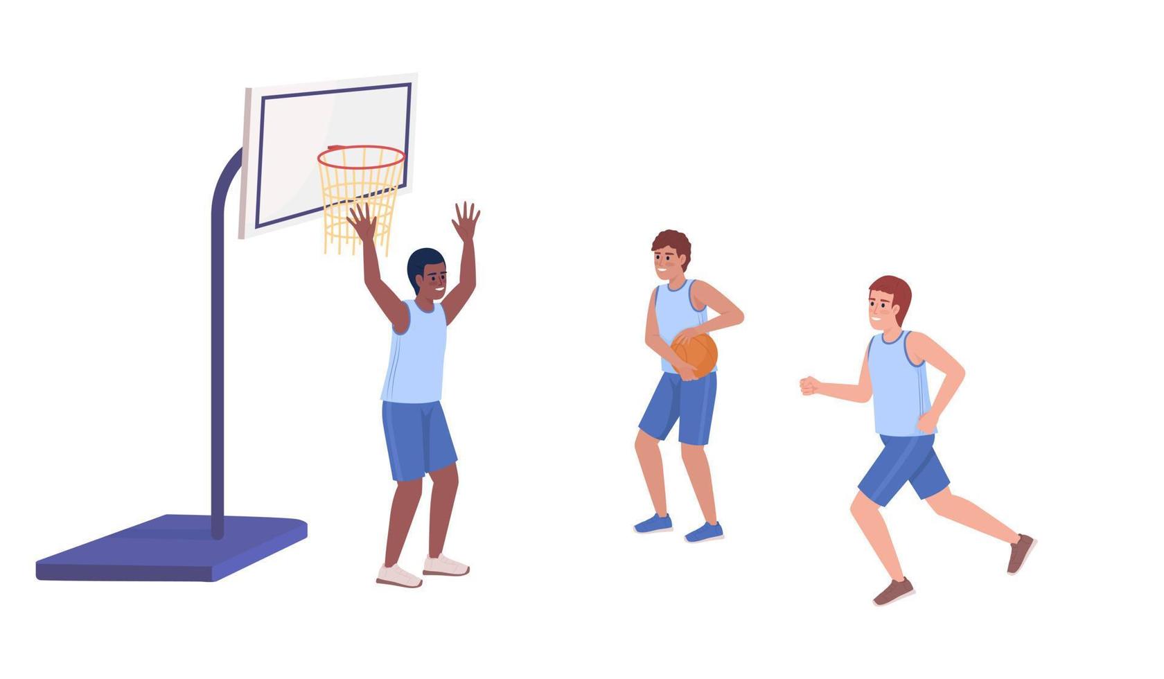 atletisch jongens spelen basketbal in team semi vlak kleur vector karakters. bewerkbare figuren. vol lichaam mensen Aan wit. gemakkelijk tekenfilm stijl illustratie voor web grafisch ontwerp en animatie