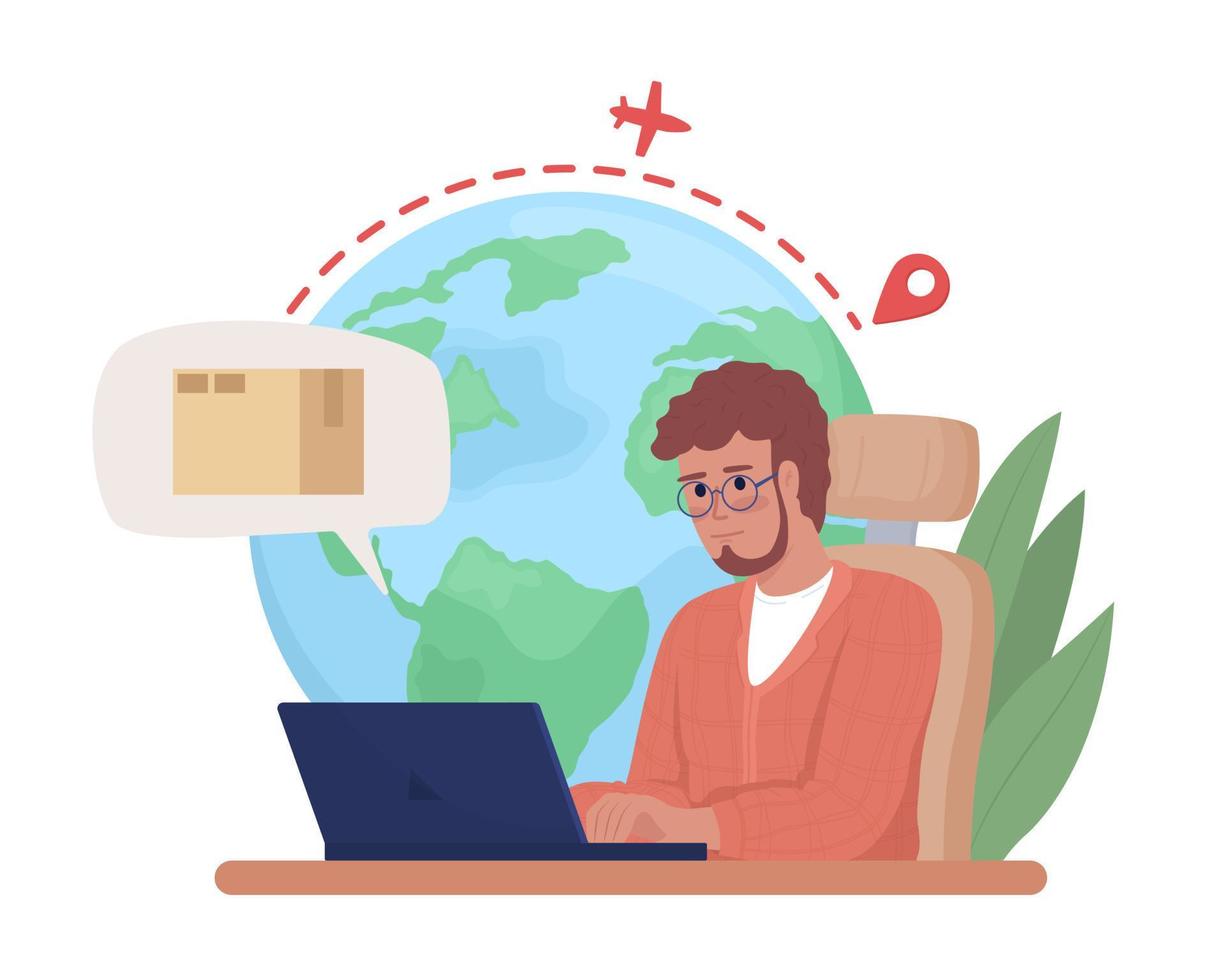 controle Internationale pakket levering gebruik makend van laptop vlak concept vector illustratie. bewerkbare 2d tekenfilm karakter Aan wit voor web ontwerp. wereldwijd creatief idee voor website, mobiel, presentatie