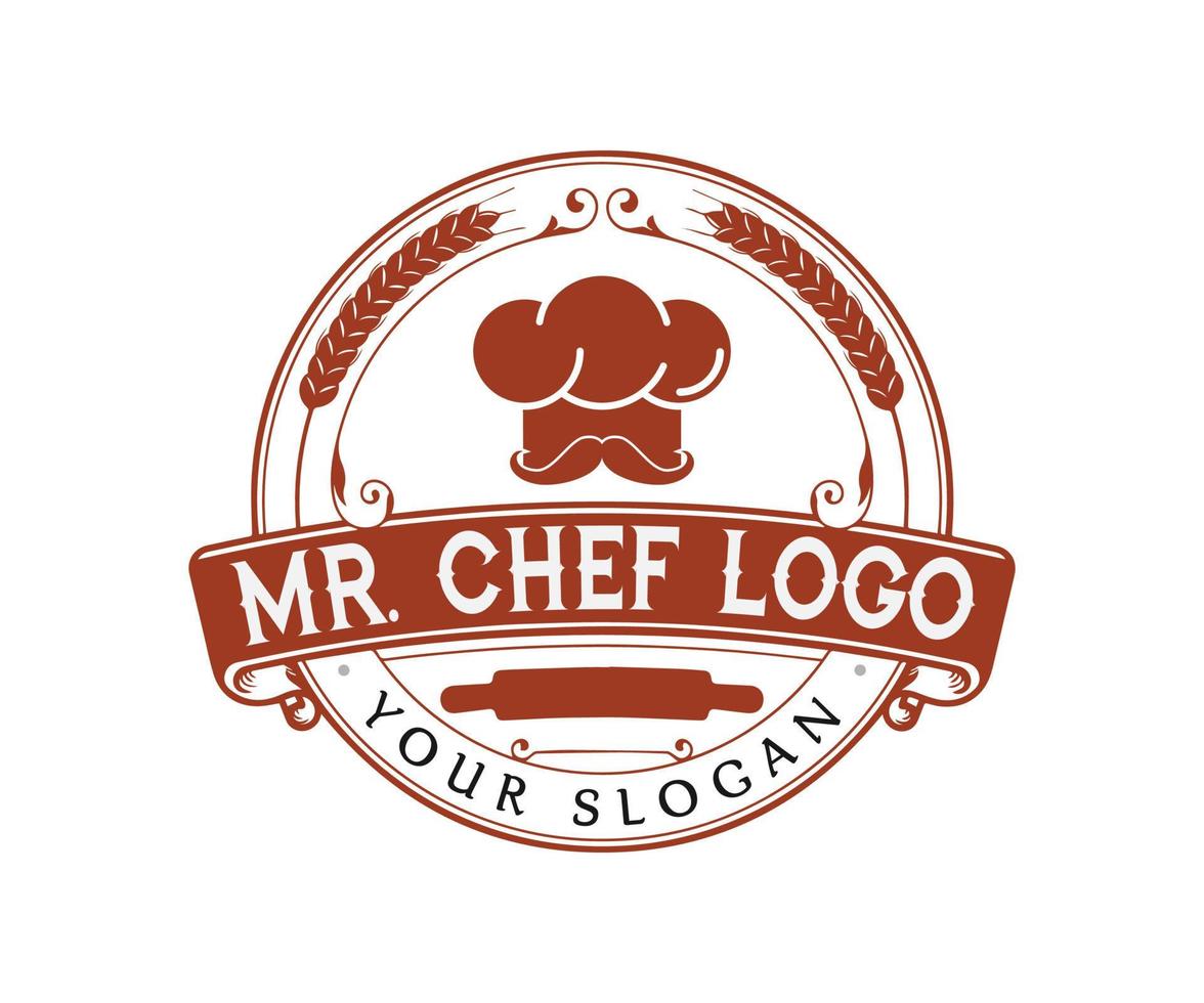 keuken restaurant wijnoogst overladen typografie logo ontwerp met chef hoed symbool vector