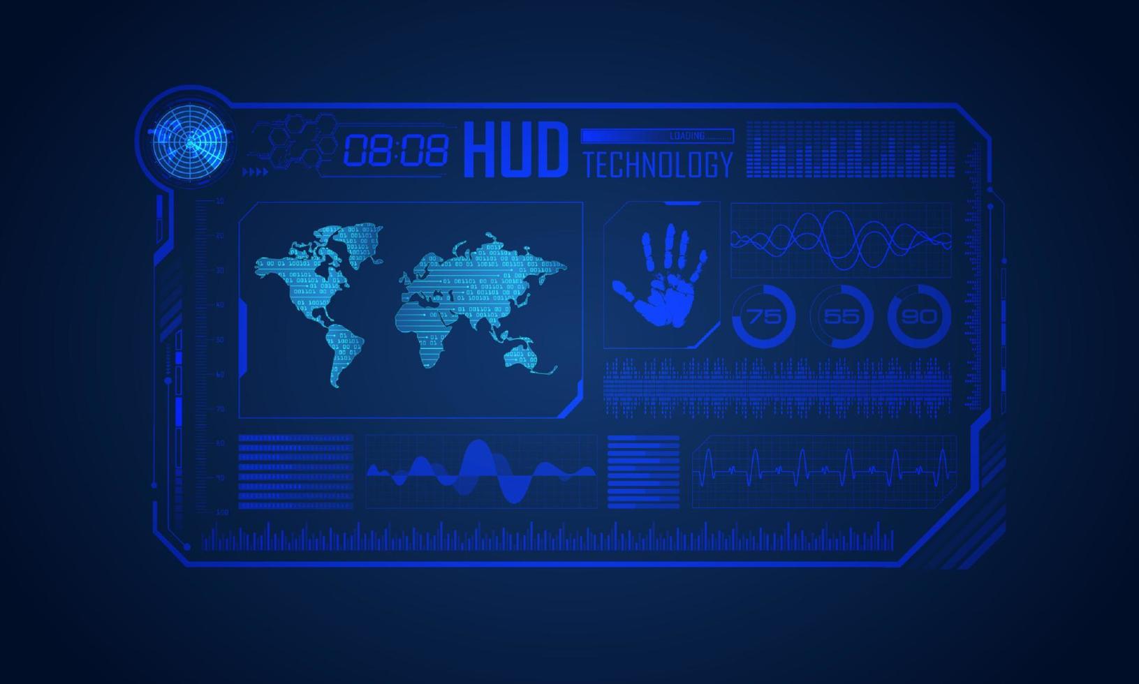 blauw modern hud technologie scherm achtergrond met wereld kaart vector