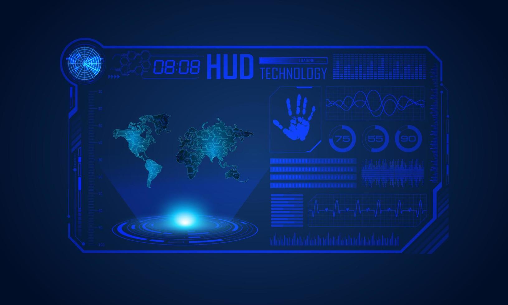 blauw modern hud technologie scherm achtergrond met wereld kaart vector