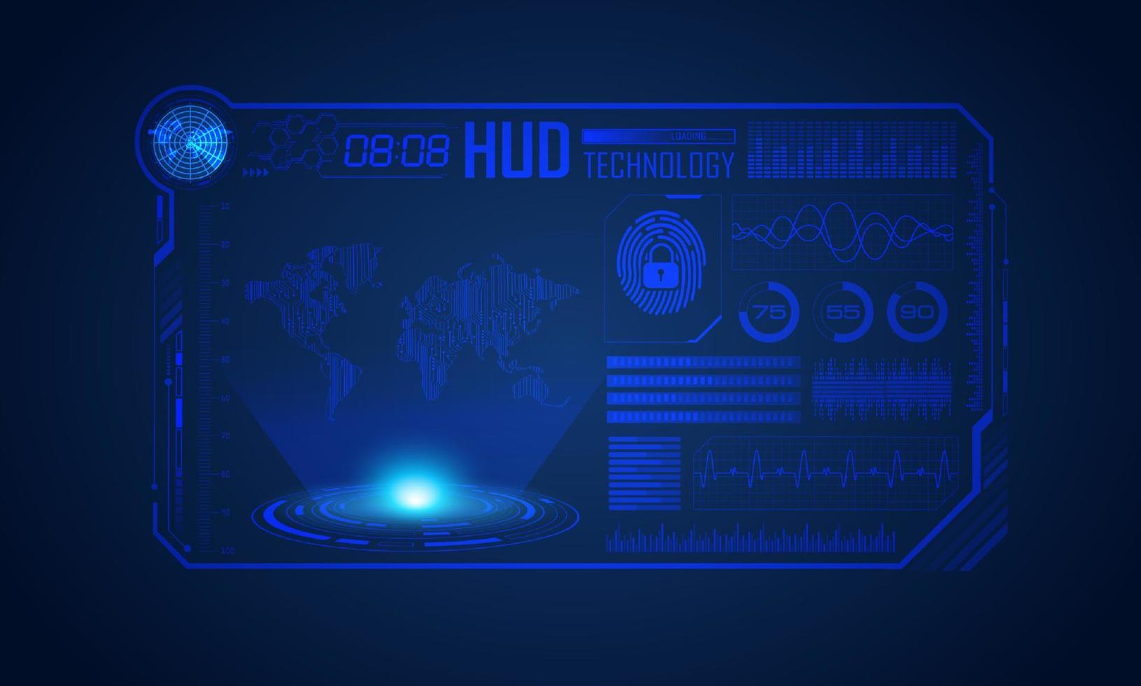 blauw modern hud technologie scherm achtergrond met wereld kaart vector