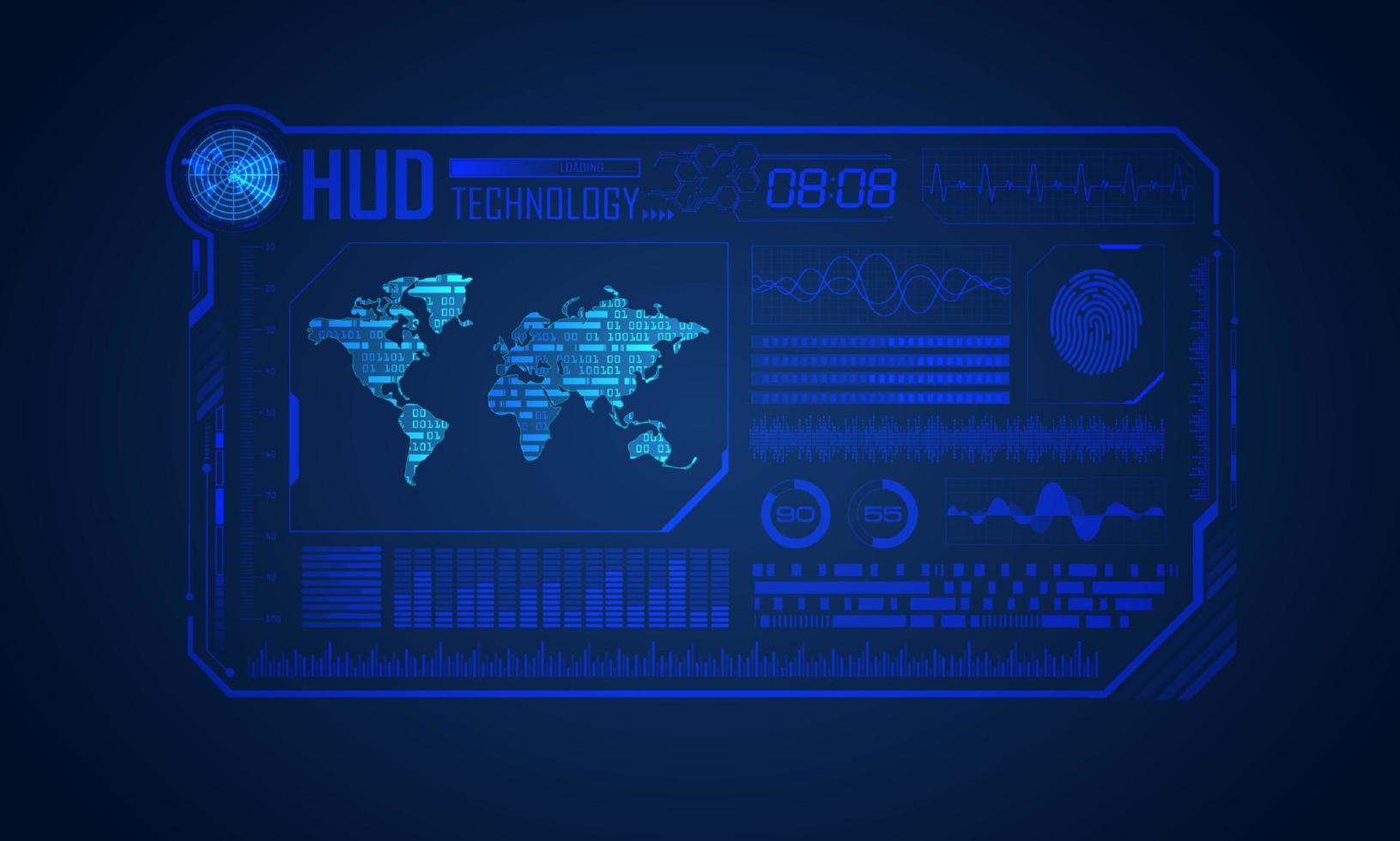 blauw modern hud technologie scherm achtergrond met wereld kaart vector