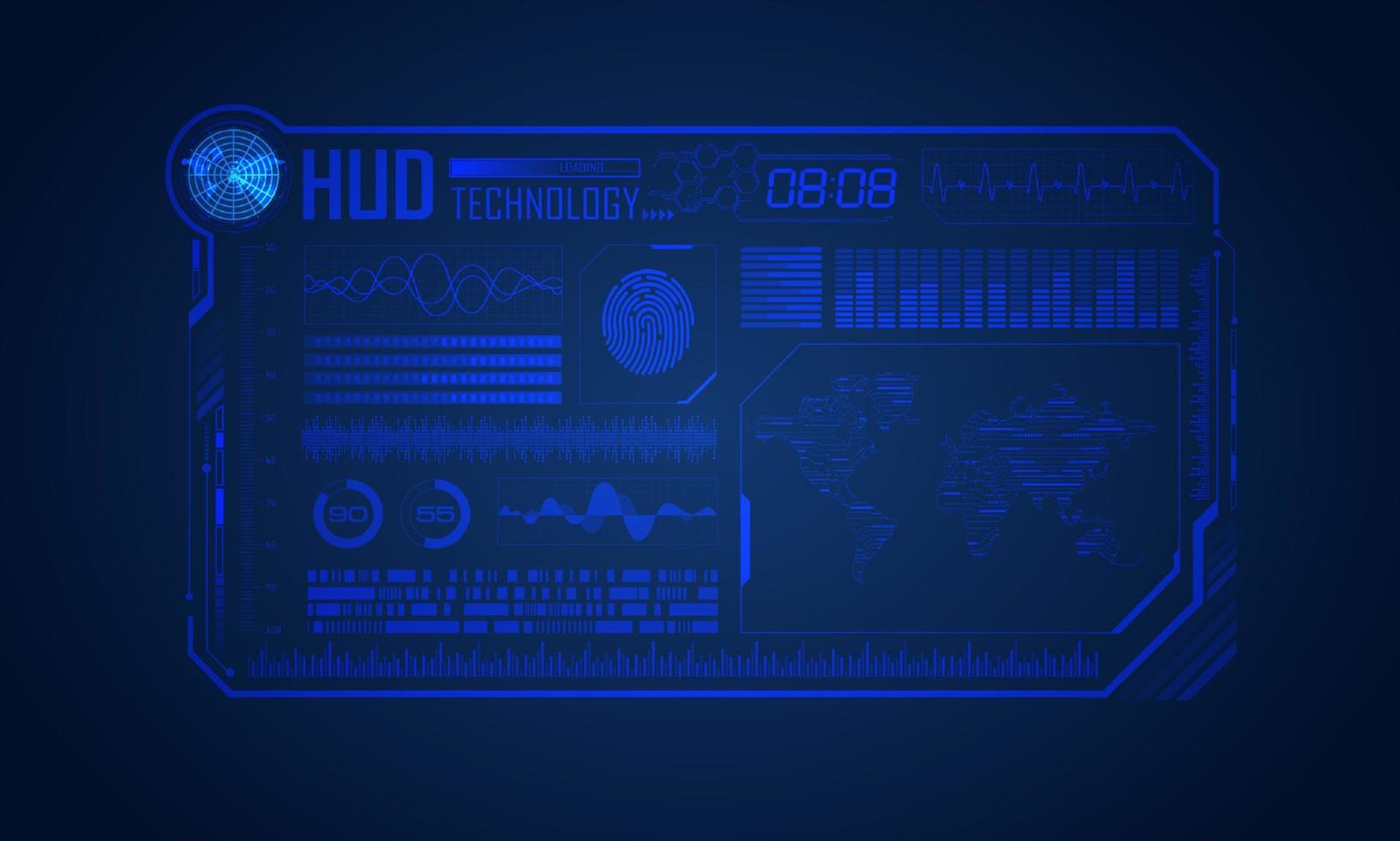 blauw modern hud technologie scherm achtergrond met wereld kaart vector