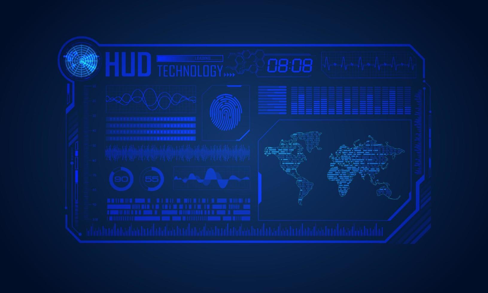 blauw modern hud technologie scherm achtergrond met wereld kaart vector