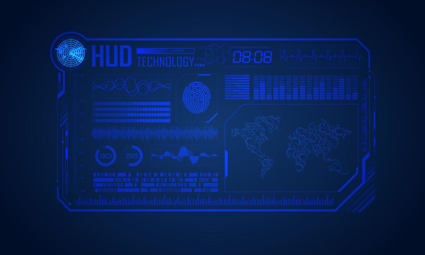 blauw modern hud technologie scherm achtergrond met wereld kaart vector