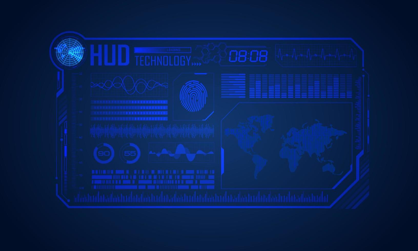 blauw modern hud technologie scherm achtergrond met wereld kaart vector