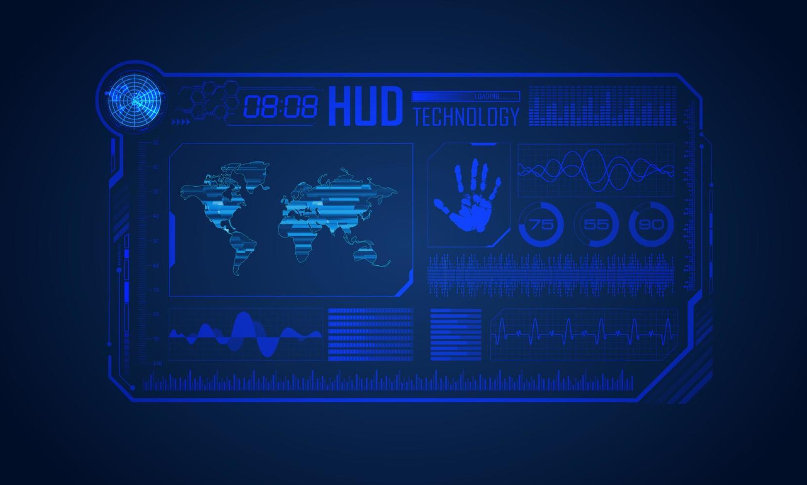 blauw modern hud technologie scherm achtergrond met wereld kaart vector