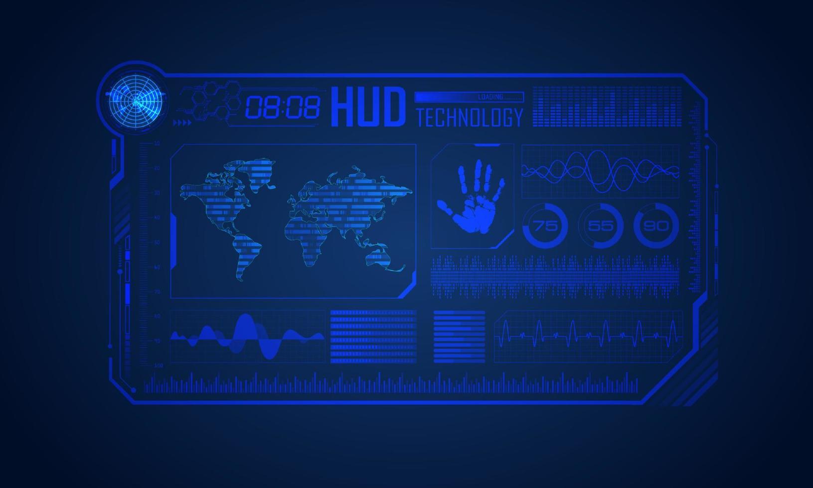 blauw modern hud technologie scherm achtergrond met wereld kaart vector