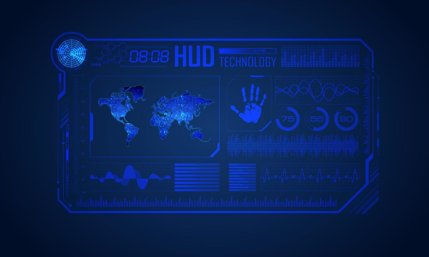 blauw modern hud technologie scherm achtergrond met wereld kaart vector