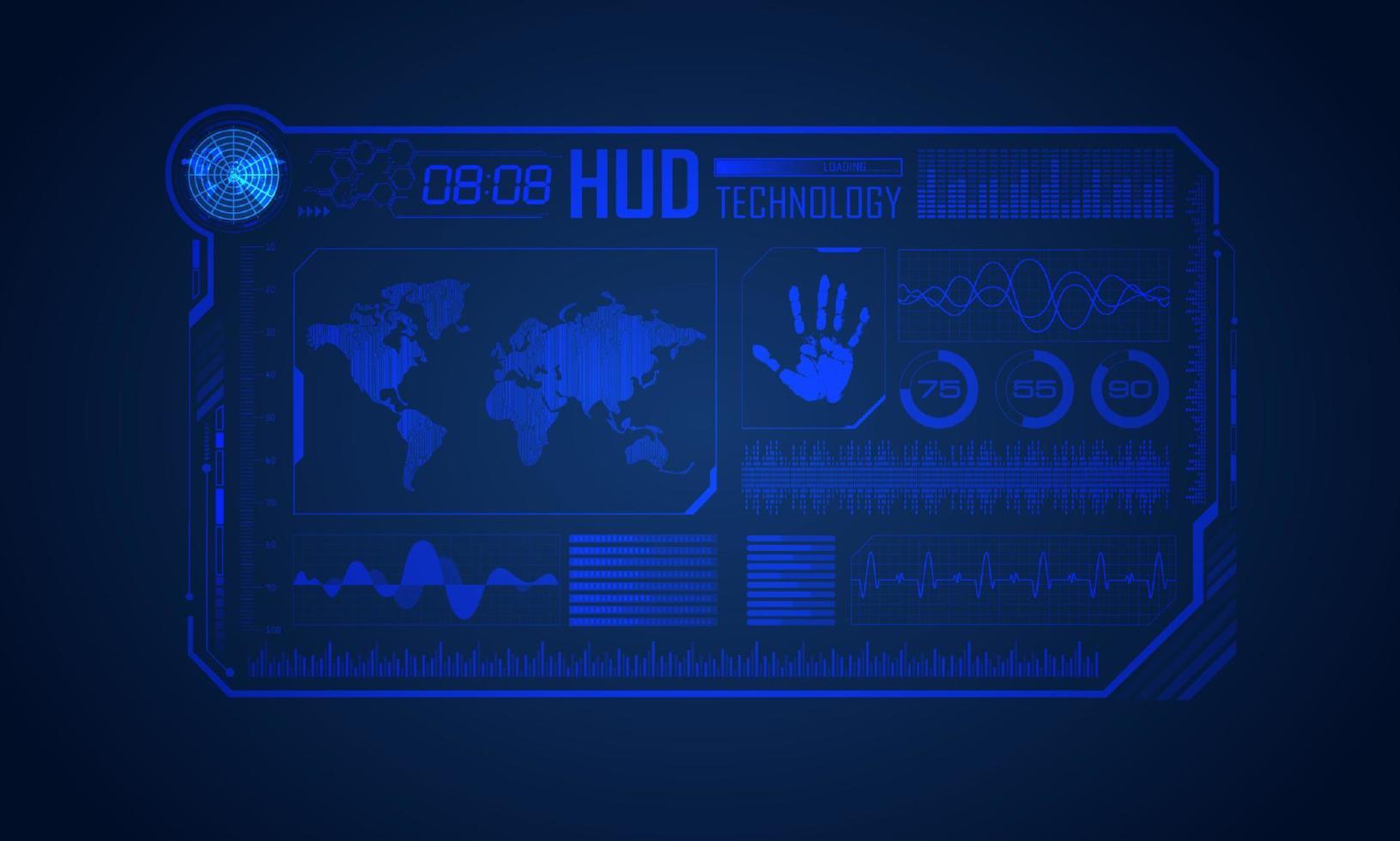 blauw modern hud technologie scherm achtergrond met wereld kaart vector