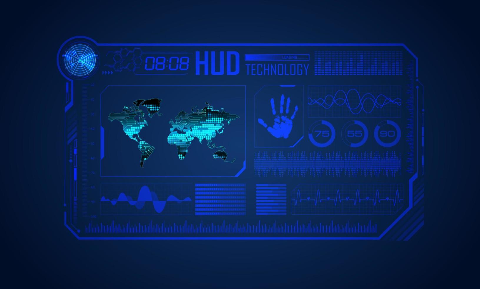 blauw modern hud technologie scherm achtergrond met wereld kaart vector