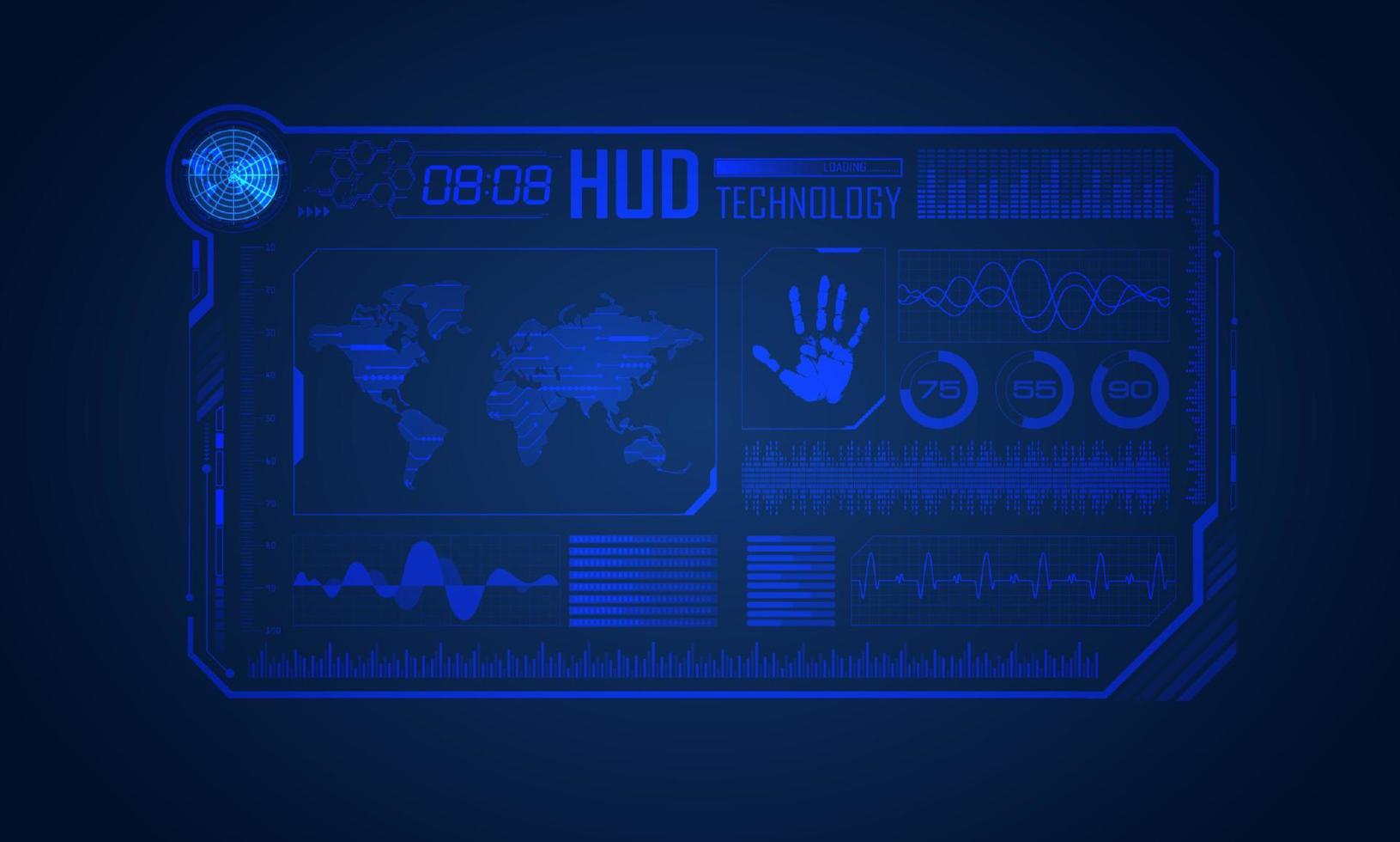 blauw modern hud technologie scherm achtergrond met wereld kaart vector