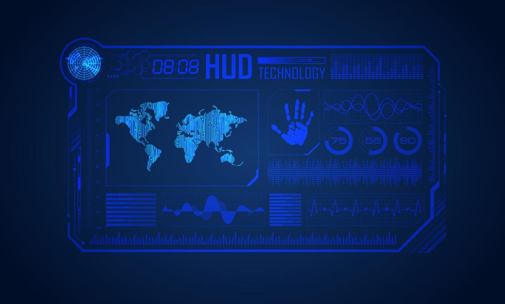 blauw modern hud technologie scherm achtergrond met wereld kaart vector