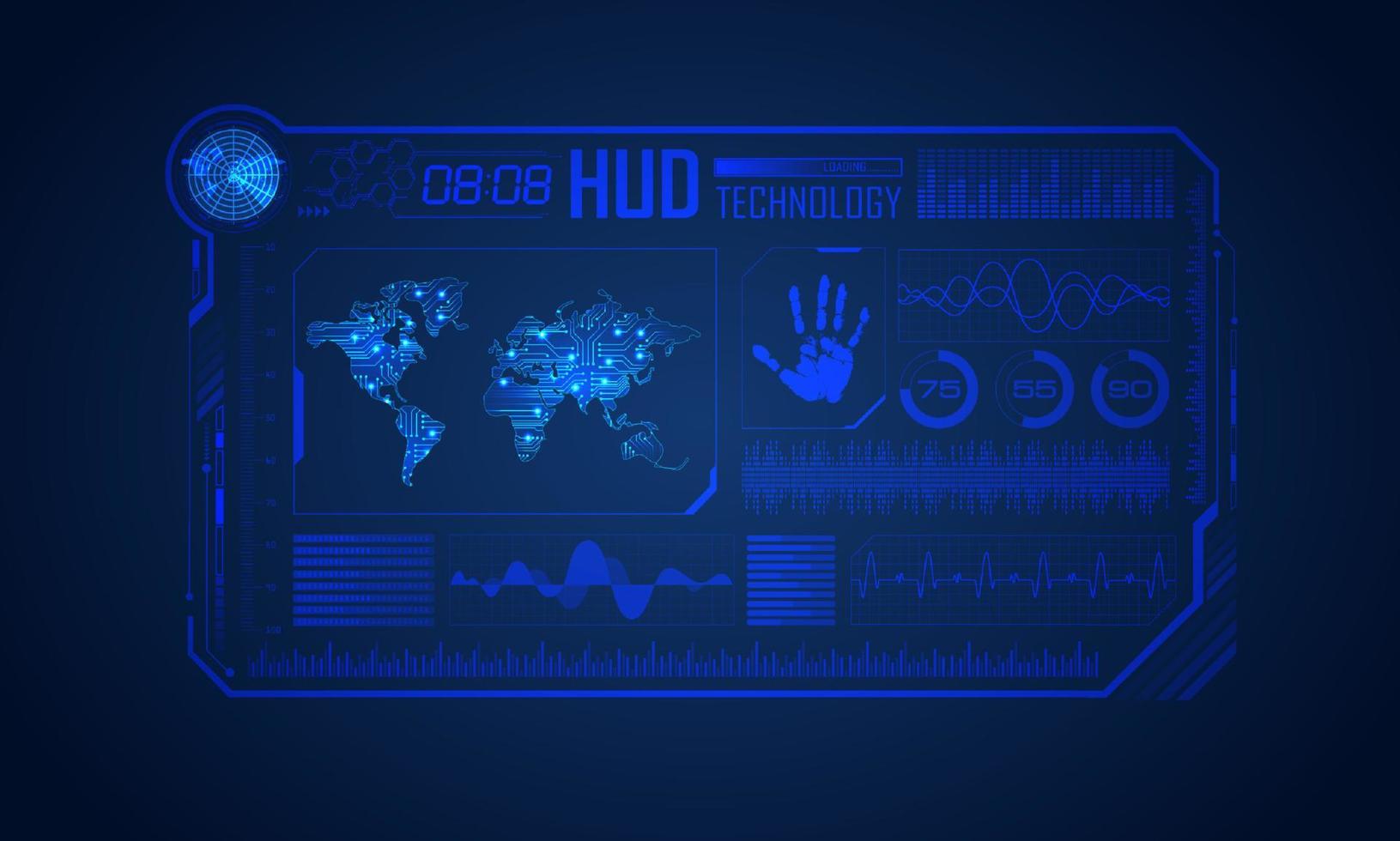 blauw modern hud technologie scherm achtergrond met wereld kaart vector