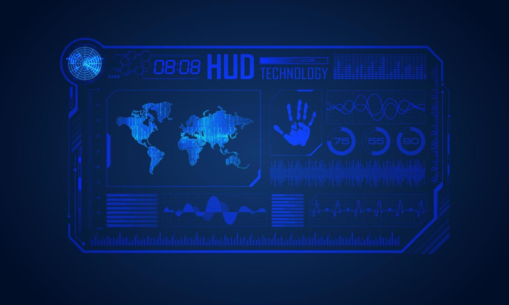 blauw modern hud technologie scherm achtergrond met wereld kaart vector