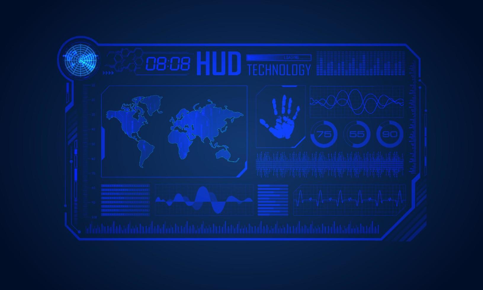 blauw modern hud technologie scherm achtergrond met wereld kaart vector