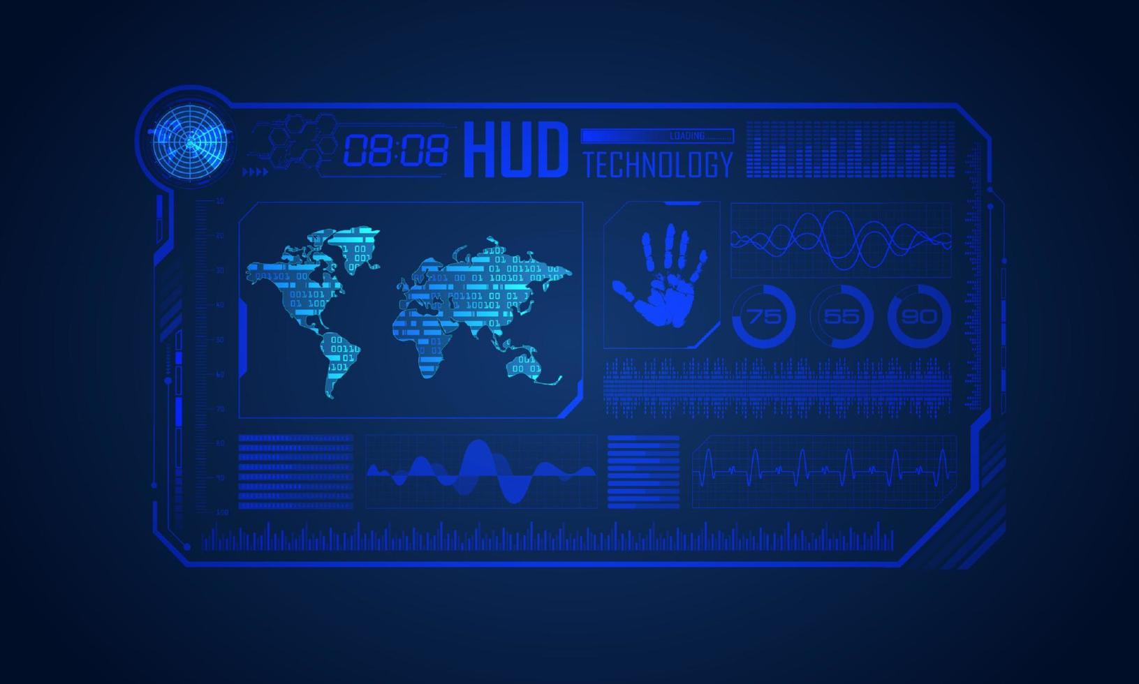 blauw modern hud technologie scherm achtergrond met wereld kaart vector