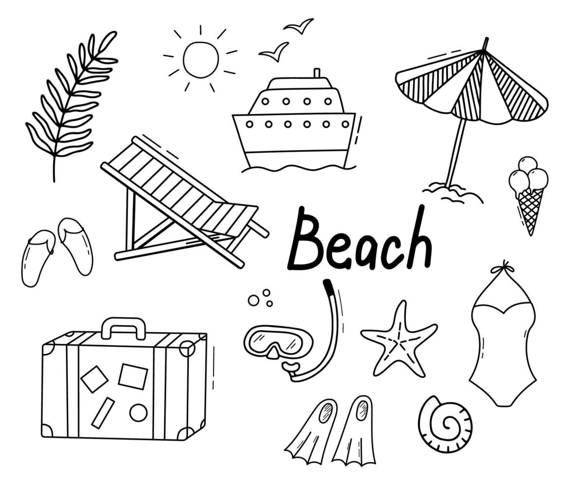vector reeks met palm boom tak, stoel, schip en koffer. vakantie Aan oceaan, zomer kust toevlucht. tekening hand- getrokken illustraties geïsoleerd Aan wit achtergrond