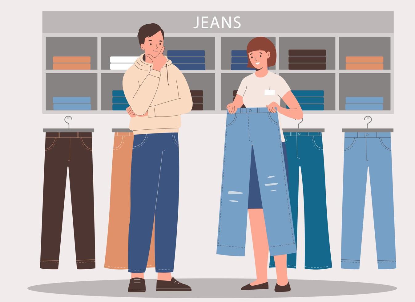 op te slaan verkoper tonen jeans naar Mens klant. winkel assisteren helpen klant in jeans op te slaan. vector