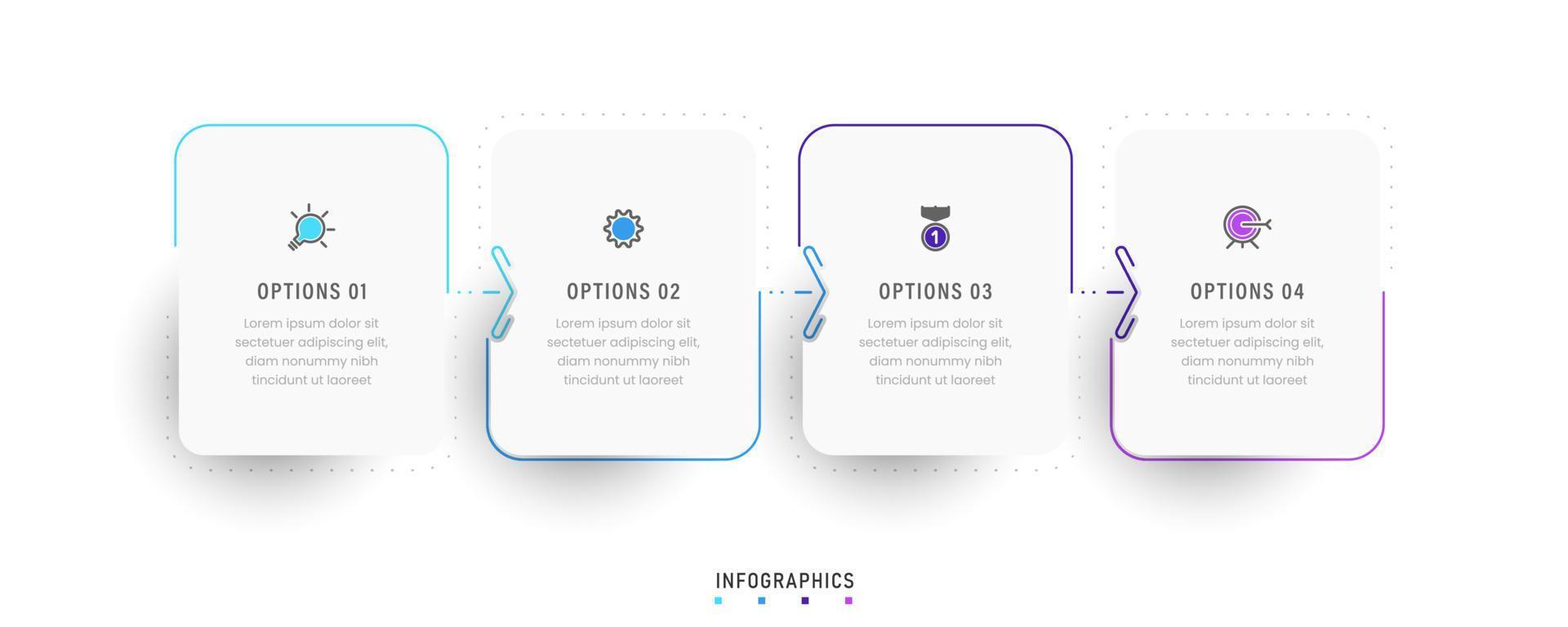 vector infographic labelontwerpsjabloon met pictogrammen en 4 opties of stappen. kan worden gebruikt voor procesdiagram, presentaties, workflowlay-out, banner, stroomschema, infografiek.