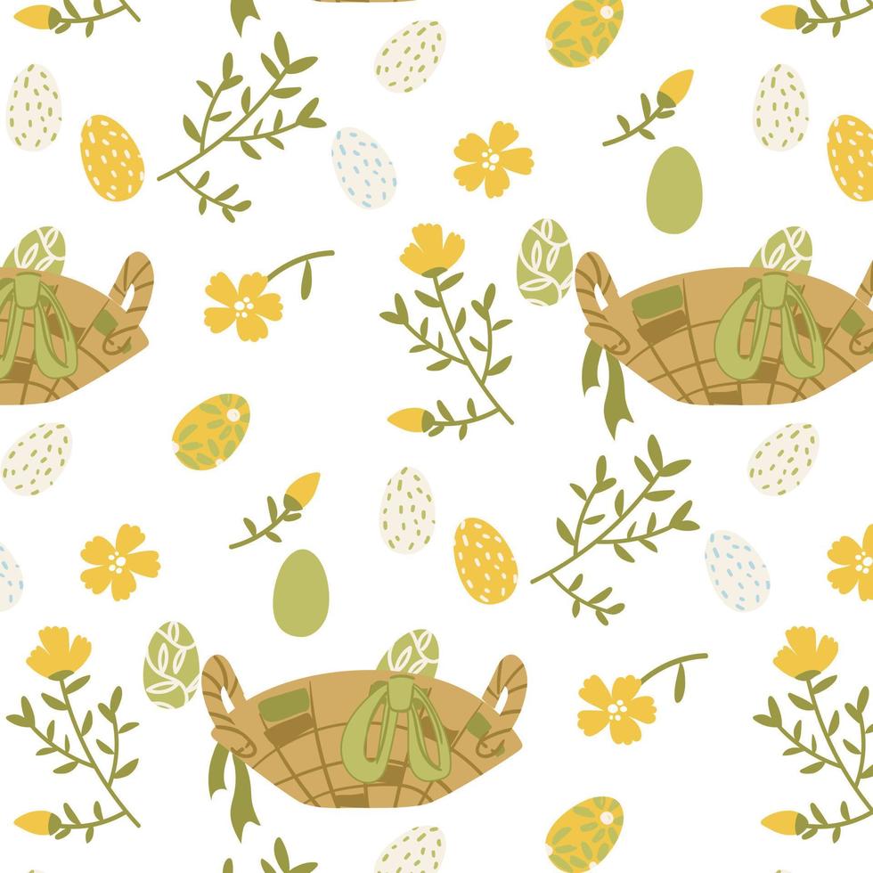 vector naadloos patroon met mooi bloemen en eieren in een mand. Pasen achtergrond in bed tonen. een mand met voorjaar bloemen en geschilderd eieren. een gemakkelijk illustratie van een vlak. geschenk verpakking