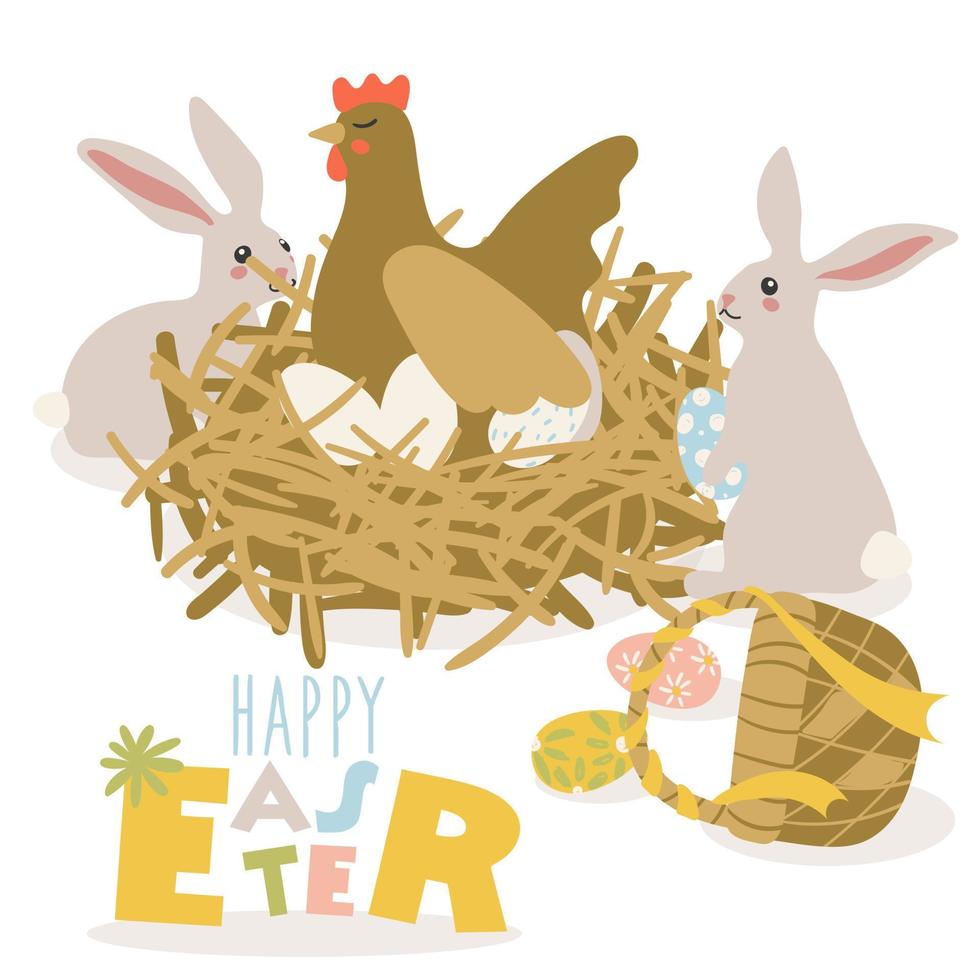 een tekenfilm kip in de nest broedt eieren, en konijnen voeden de geschilderd eieren in de nest. een mand met eieren, een nest met een kip. tekenfilm illustratie. het drukken Aan een ansichtkaart, t-shirt. vector