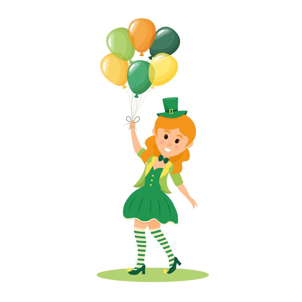 elf van Ierse folklore meisje Holding ballonnen. schattig tekenfilm meisje in Iers kostuum geïsoleerd Aan wit achtergrond. st. Patrick dag karakter. vector