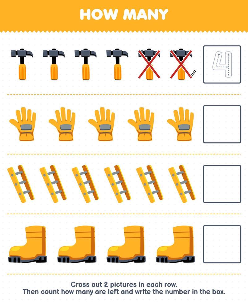 onderwijs spel voor kinderen tellen hoe veel schattig tekenfilm hamer handschoen ladder bagageruimte en schrijven de aantal in de doos afdrukbare gereedschap werkblad vector