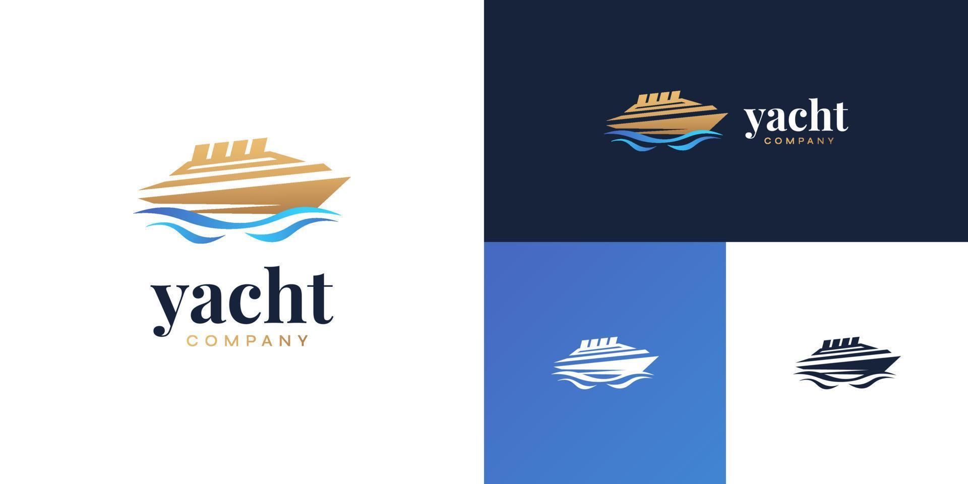 luxe en elegant gouden jacht logo ontwerp met blauw golven. reis logo of icoon vector