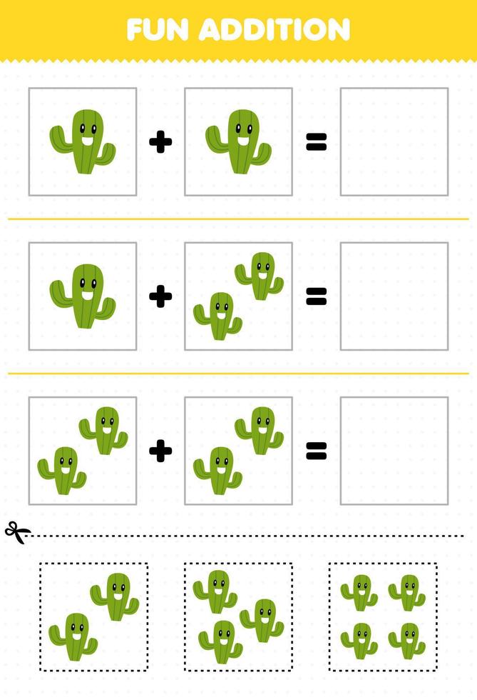 onderwijs spel voor kinderen pret toevoeging door besnoeiing en bij elkaar passen van schattig tekenfilm cactus afbeeldingen voor afdrukbare natuur werkblad vector