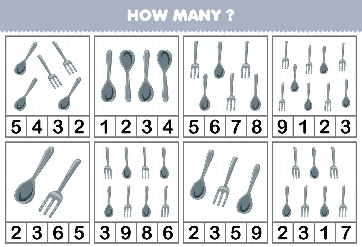 onderwijs spel voor kinderen tellen hoe veel schattig tekenfilm lepel of vork in elk tafel afdrukbare gereedschap werkblad vector