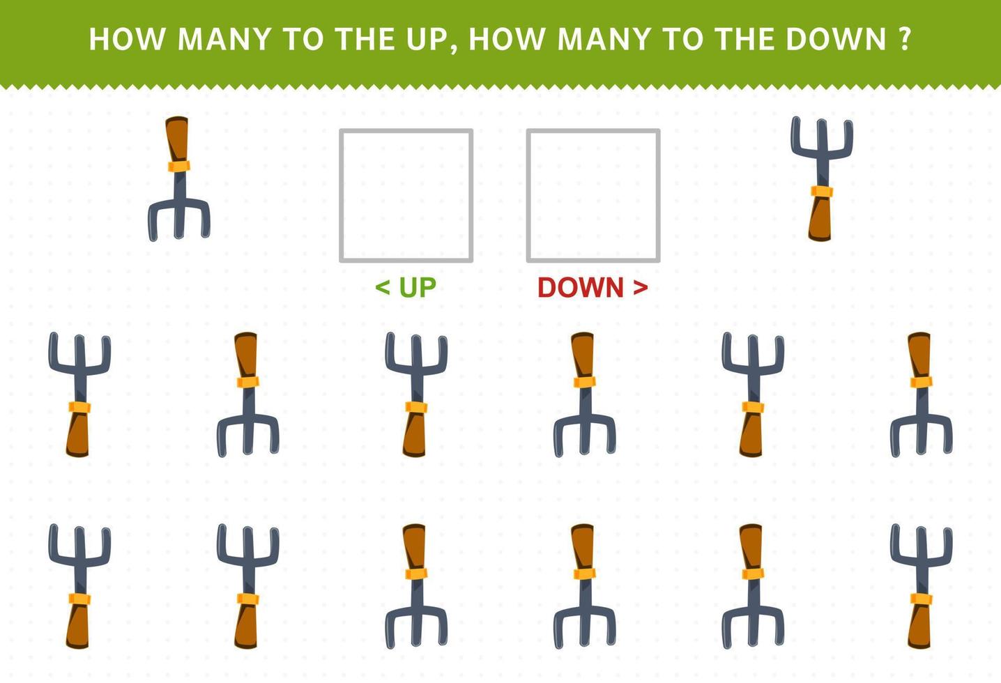 onderwijs spel voor kinderen tellen hoe veel omhoog en naar beneden afbeelding van schattig tekenfilm vork afdrukbare gereedschap werkblad vector