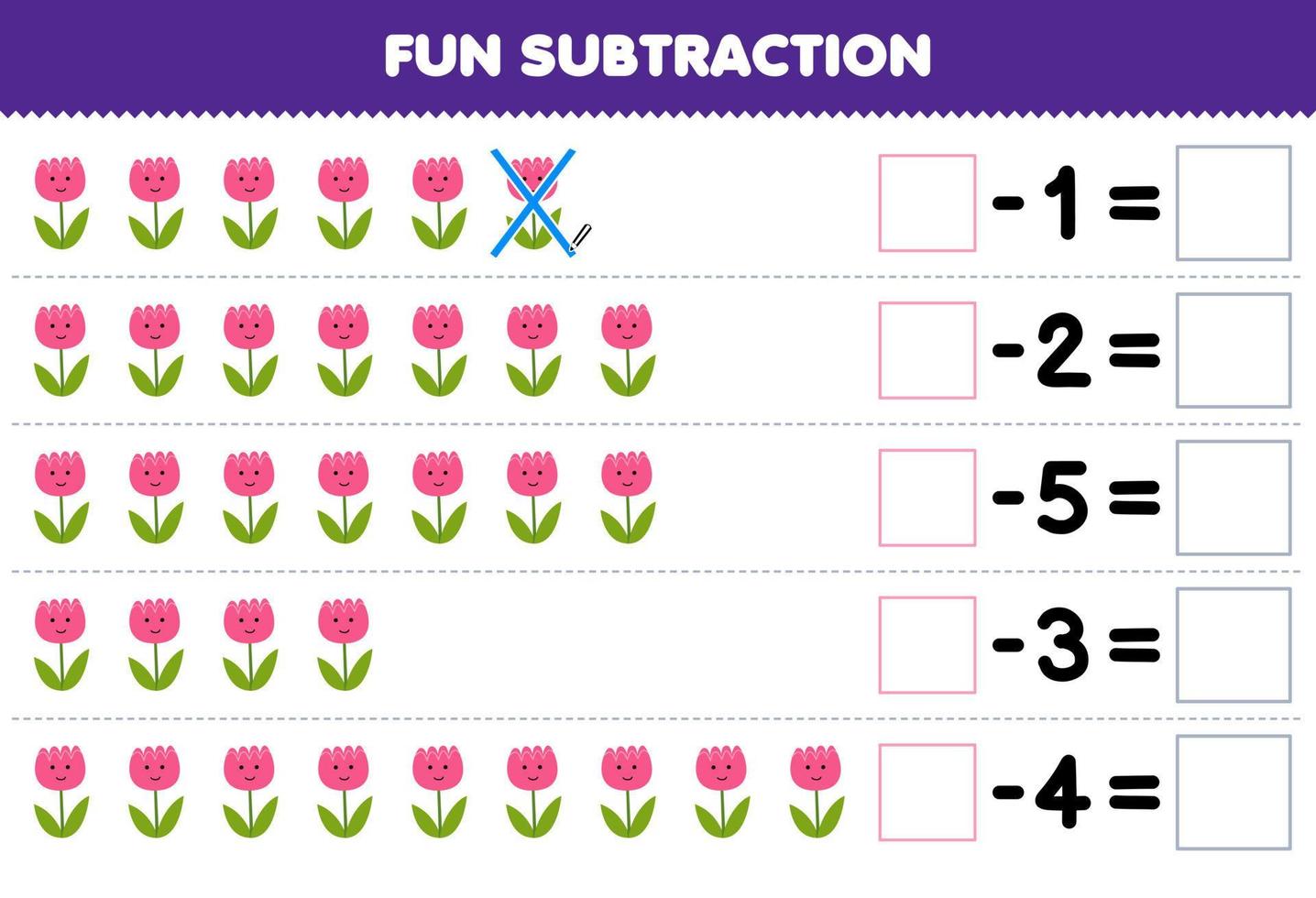 onderwijs spel voor kinderen pret aftrekken door tellen schattig tekenfilm bloem elk rij en elimineren het afdrukbare natuur werkblad vector