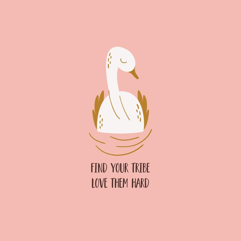 zwaan vogel, liefde citaat voor valentijnsdag dag groet kaart hand- getrokken in roze kleur. wit zwaan in meer geïsoleerd element met zin. schattig dier tekenfilm vector illustratie. romantisch poster, groet.