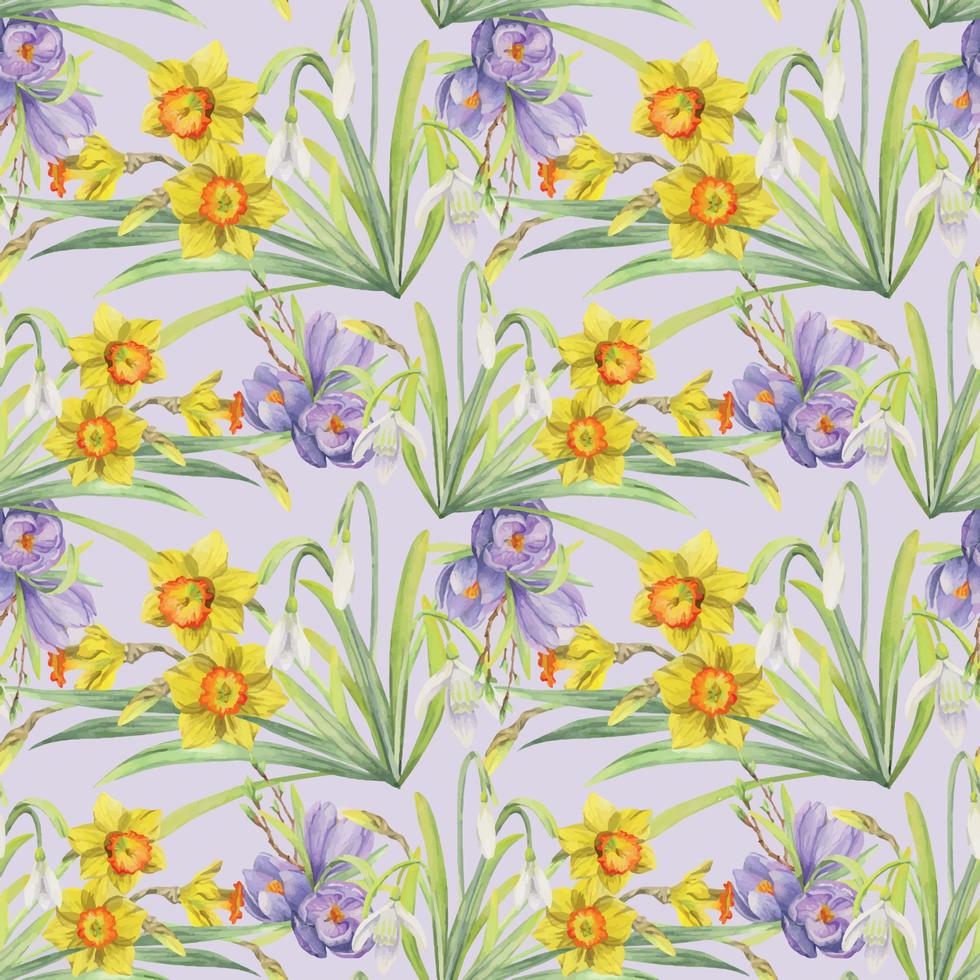 waterverf hand- getrokken naadloos patroon met voorjaar bloemen, narcissen, krokus, sneeuwklokjes. geïsoleerd Aan wit achtergrond ontwerp voor uitnodigingen, bruiloft, groet kaarten, behang, afdrukken, textiel vector