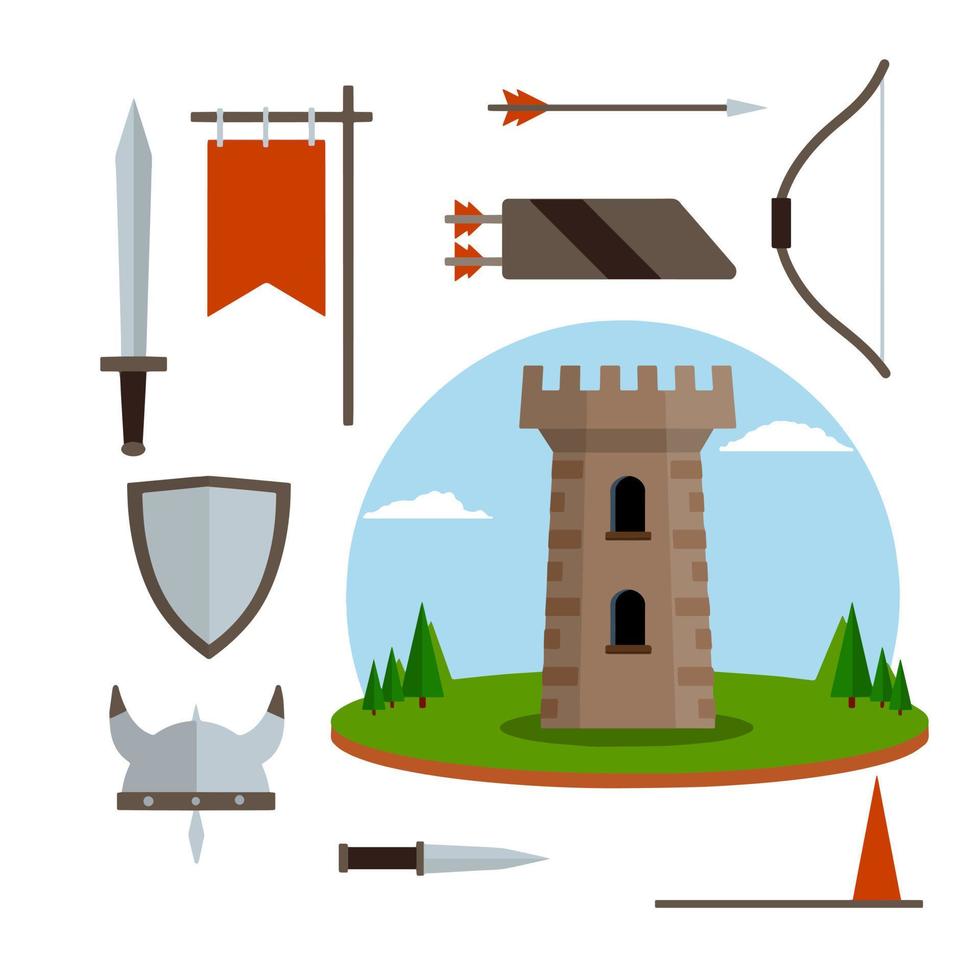 middeleeuwse set van item. Europees kasteel met toren, schild, zwaard, rode vlag, toernooi, pijl, boog, pijlkoker, helm van Viking. historisch onderwerp. cartoon vlakke afbeelding. oude harnassen en ridderwapens vector