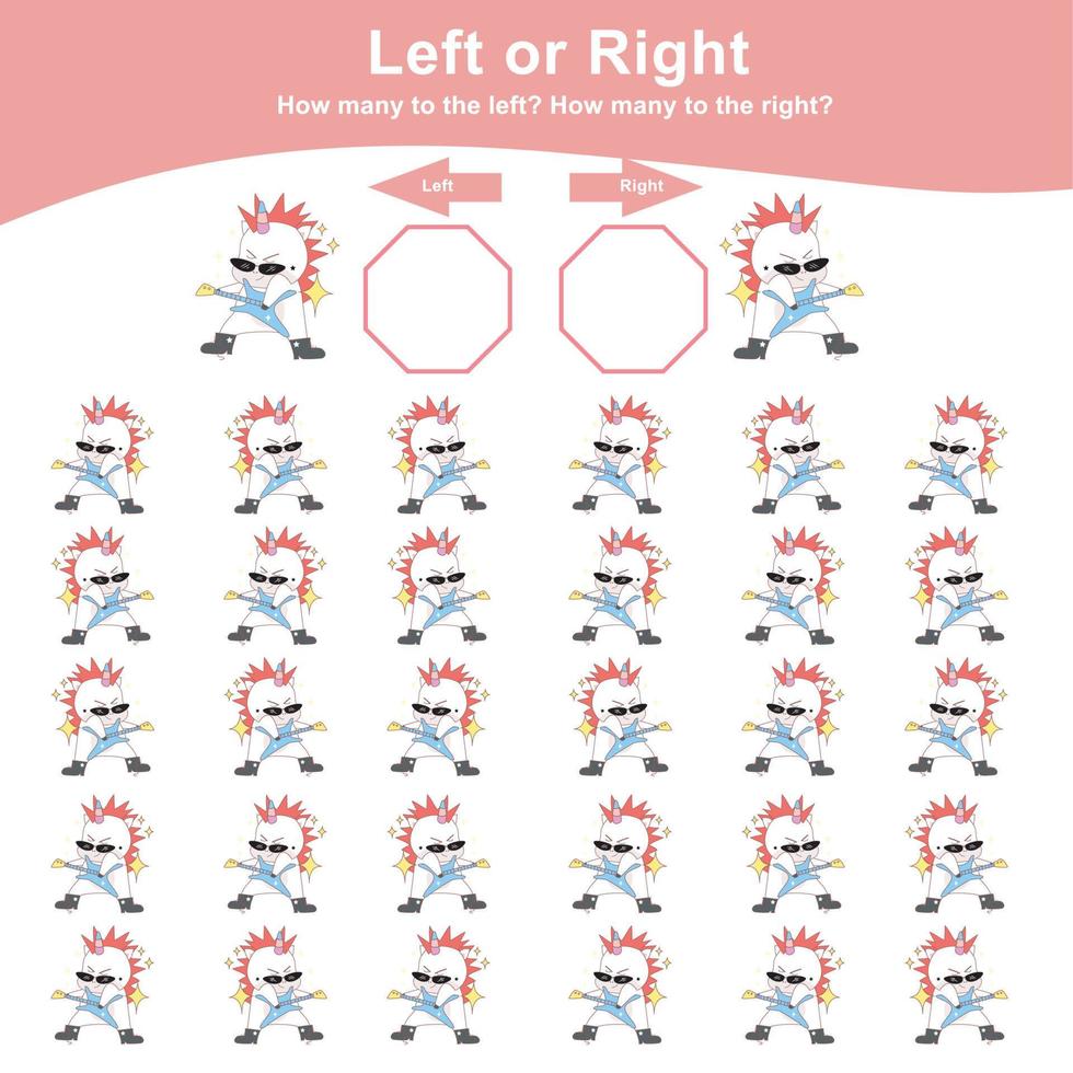 links of Rechtsaf eenhoorn spel werkblad. tellen eenhoorn spel voor kinderen. tellen en schrijven antwoord werkzaamheid voor kinderen. leerzaam afdrukbare wiskunde werkblad. vector het dossier.