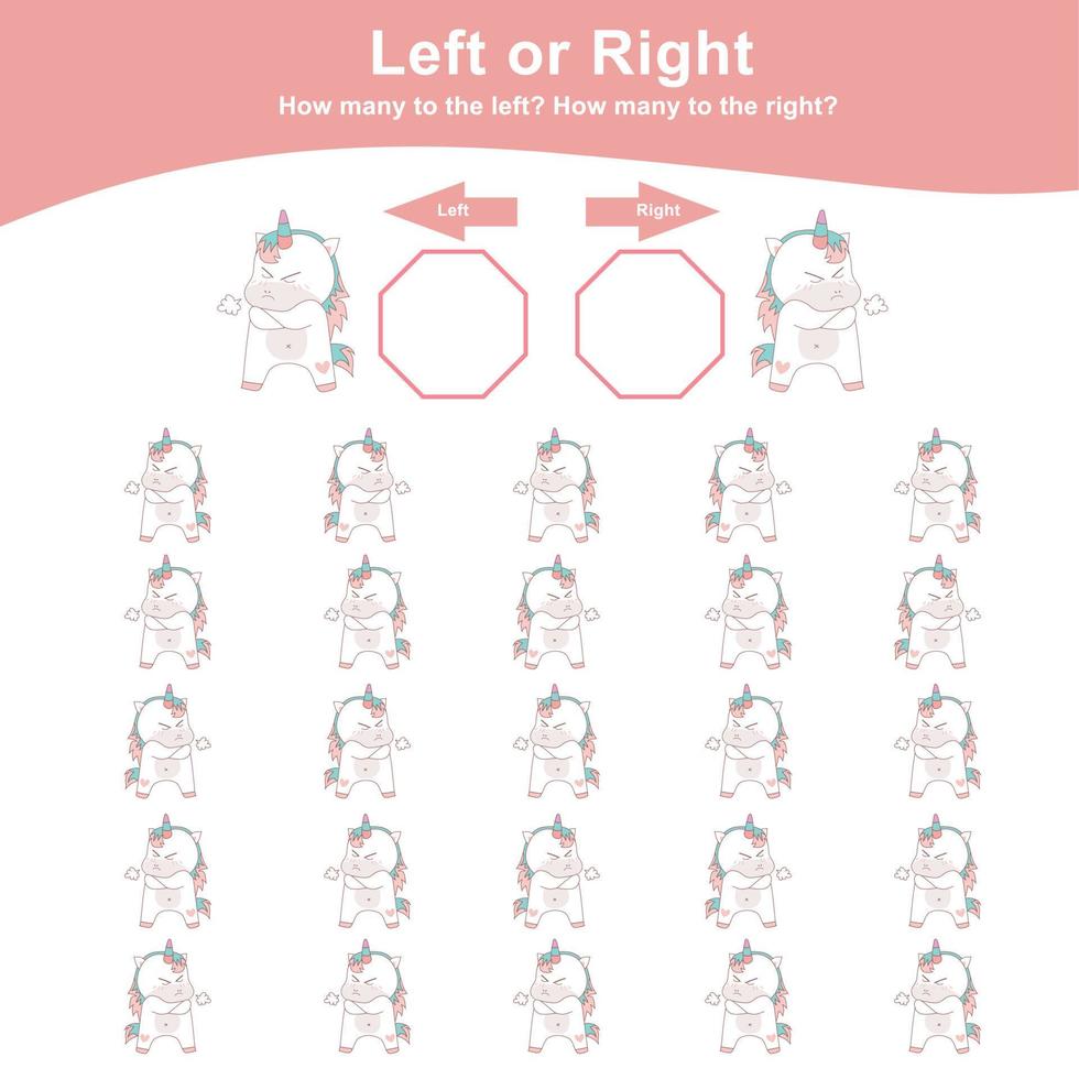 links of Rechtsaf eenhoorn spel werkblad. tellen eenhoorn spel voor kinderen. tellen en schrijven antwoord werkzaamheid voor kinderen. leerzaam afdrukbare wiskunde werkblad. vector het dossier.