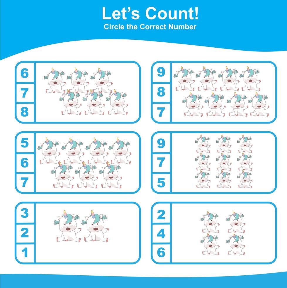 tellen en bij elkaar passen eenhoorn spel voor kinderen. eenhoorn tellen spel. wiskunde werkblad voor peuter. leerzaam afdrukbare wiskunde werkblad. vector illustratie.