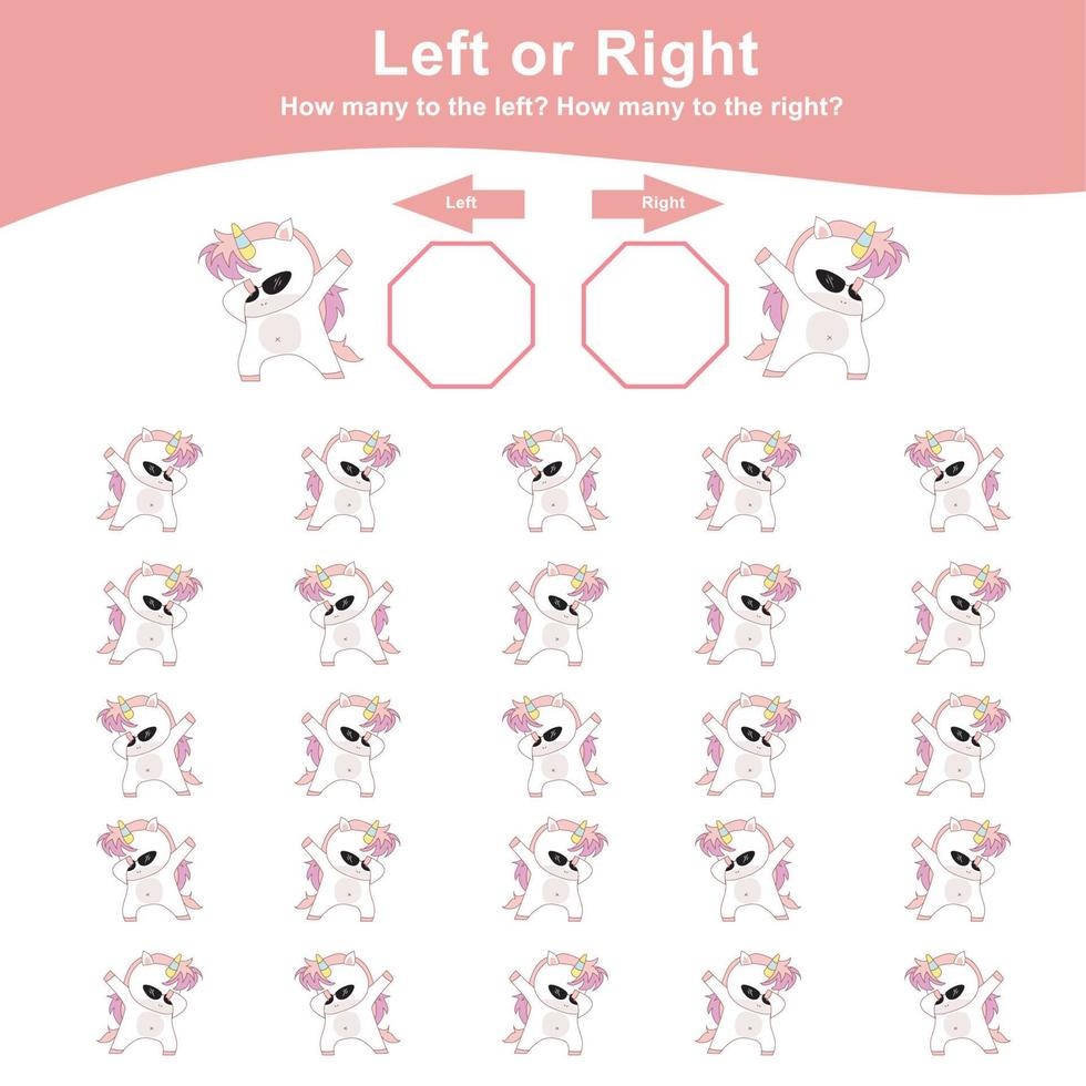 links of Rechtsaf eenhoorn spel werkblad. tellen eenhoorn spel voor kinderen. tellen en schrijven antwoord werkzaamheid voor kinderen. leerzaam afdrukbare wiskunde werkblad. vector het dossier.