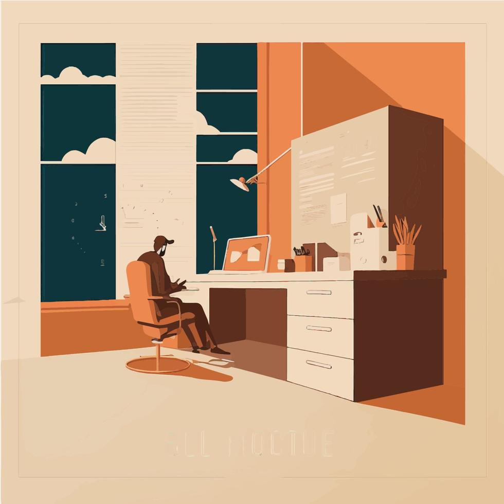 illustratie van een interieur of kantoor. een Mens aan het doen freelancen Aan laptop, computer Bij zijn kantoor. vector