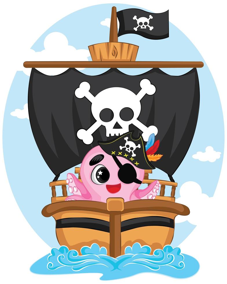 schattige cartoon roze octopus karakter piraat met een ooglapje op piratenschip, grappige oceaan koraalrif dierlijke vector illustratie