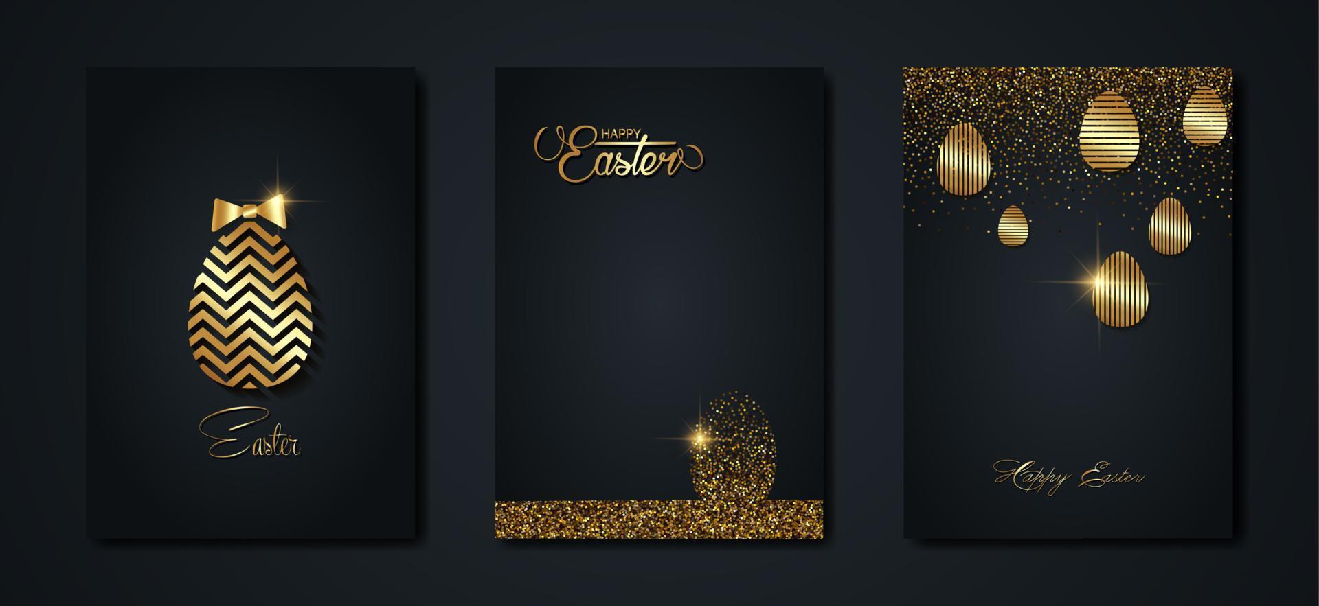 reeks kaart gelukkig Pasen goud textuur, gouden luxe zwart modern achtergrond. Pasen vakantie uitnodigingen Sjablonen verzameling met hand- getrokken belettering en goud Pasen eieren. vector mode illustratie