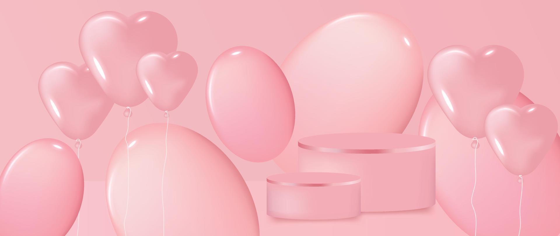 gelukkig Valentijnsdag dag concept vector. abstract 3d samenstelling versieren met podium en glanzend zoet roze hart ballonnen achtergrond. ontwerp voor banier, bespotten omhoog, Product presentatie, advertenties, marketing. vector